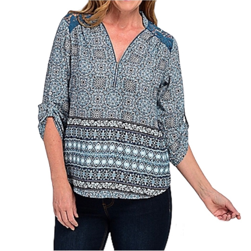 One World Top Womens Plus Size 3X Teal Floral Print Blouse Embroidered Lace
